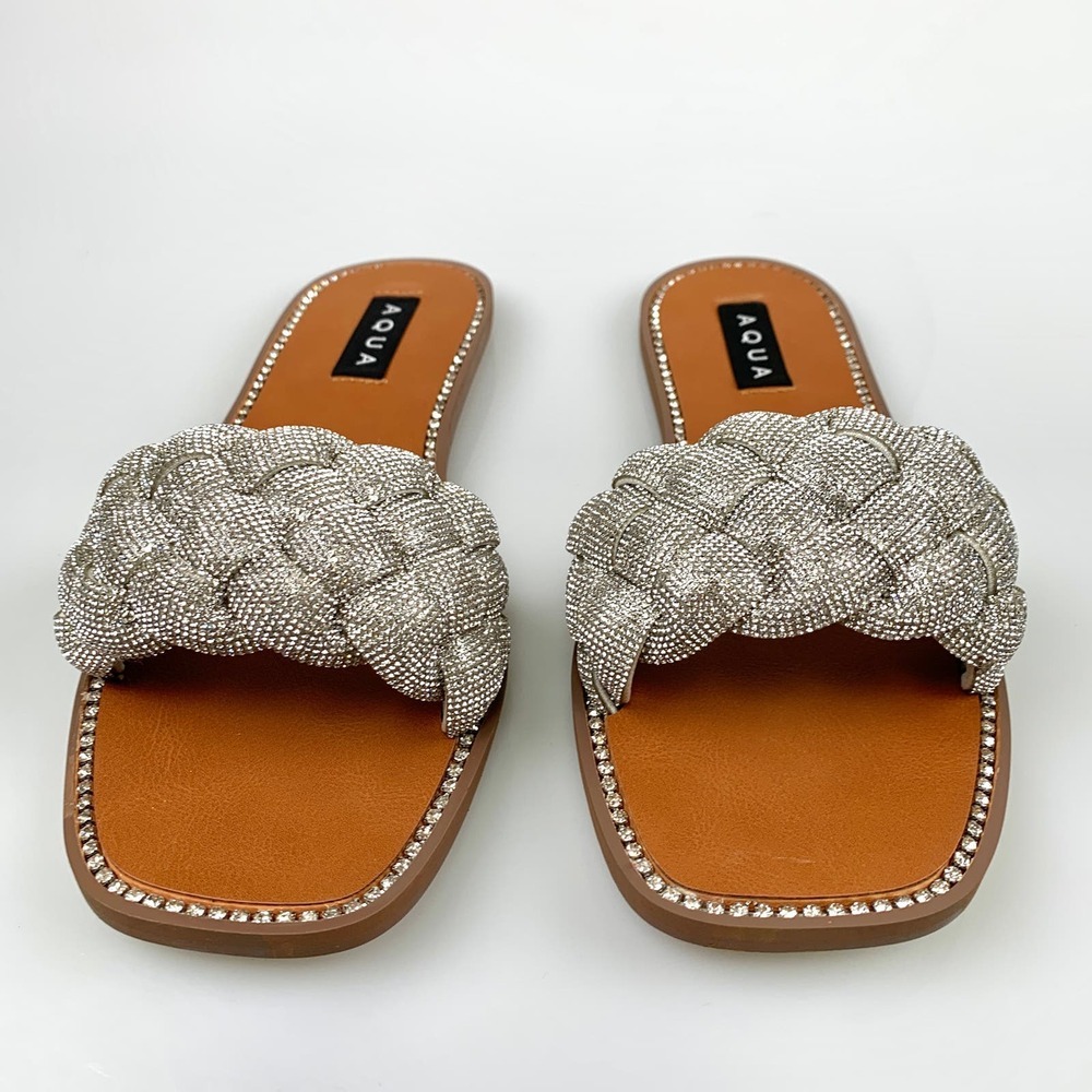 NIB Aqua Women Ivy Studded Dressy Warm Slide Sandals Size 9.5 Silver Bling Bling - Picture 3 of 12